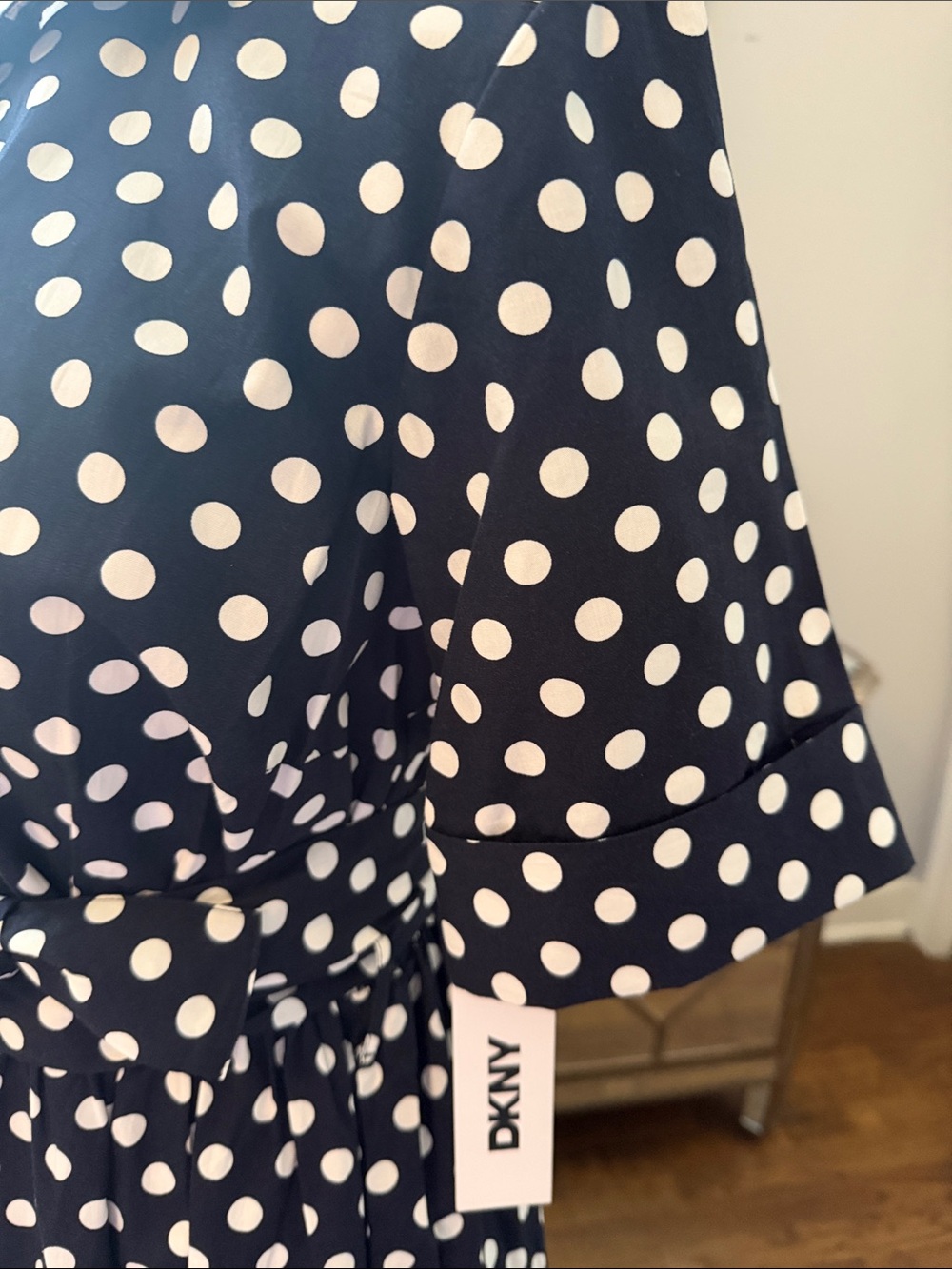 DKNY Navy & White Polka Dot Midi Shirt Dress w/ Tie Waist 4 - Picture 5 of 9